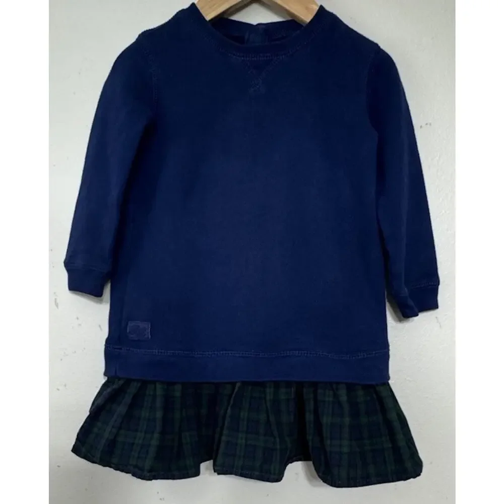 Ralph Lauren Baby Girls Navy Blue Plaid Green Long Sleeve Dress Size 18 months